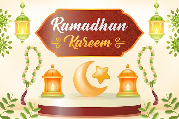 Ramadan kareem. 3D illustratie van een moskee, een lamp, een trommel, een podium en een biddende man