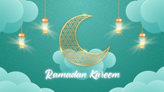 Modello di banner di scena 3d di ramadan kareem. lanterna dorata islamica realistica e sfondo lucido a mezzaluna.