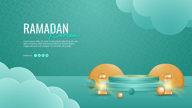 Modello di banner di scena 3d di ramadan kareem. lanterna dorata islamica realistica e sfondo lucido del podio.