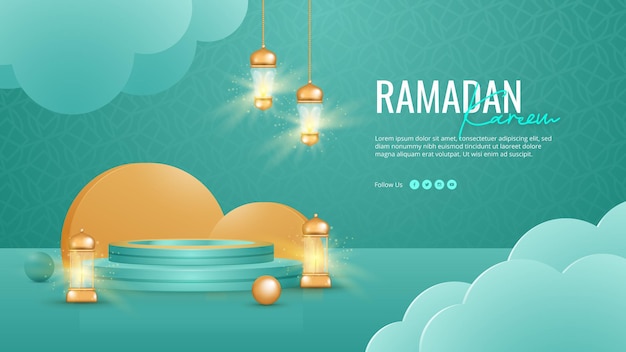 Ramadan kareem 3d scene banner template. realistic islamic golden lantern and shiny podium background.