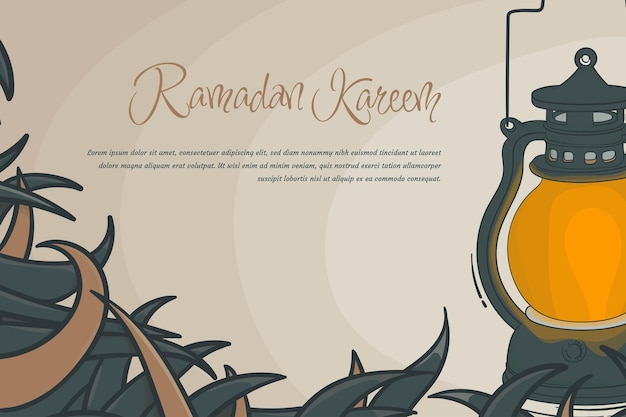 Ramadan kareem achtergrond sjabloonontwerp met gras en lantaarn in hand getekend ontwerp