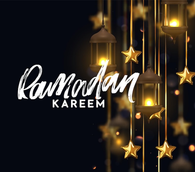 Ramadan kareem. Achtergrondontwerp is Arabische vintage decoratieve hanglamp met bokeh. Decoratie lichte lantaarn, gouden sterren op lint en goud. Hand belettering witte kleur