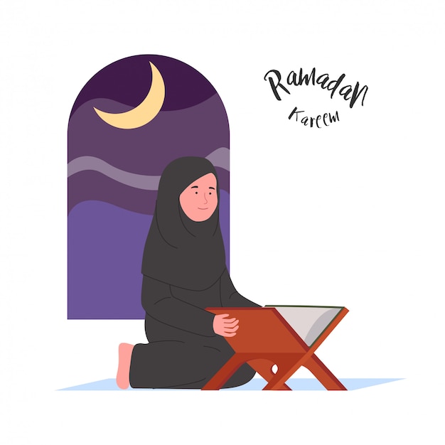 Вектор Рамадан карим арабская женщина чтение