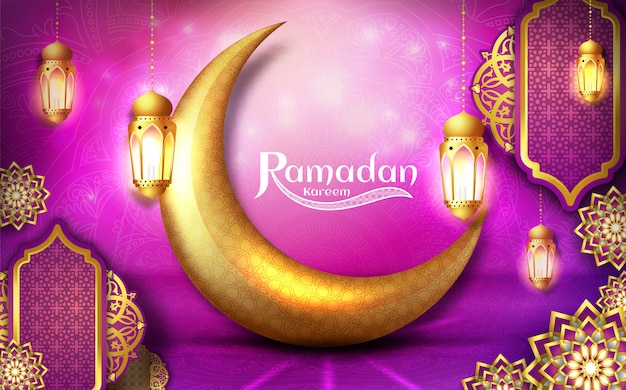 Calligrafia araba di ramadan kareem. design islamico con luna d'oro