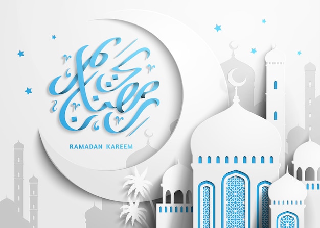 Calligrafia araba ramadan kareem con moschea e scenario a mezzaluna in stile carta