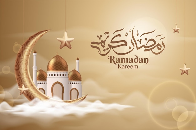 Vector ramadan kareem arabic calligraphy with mosque and crescent