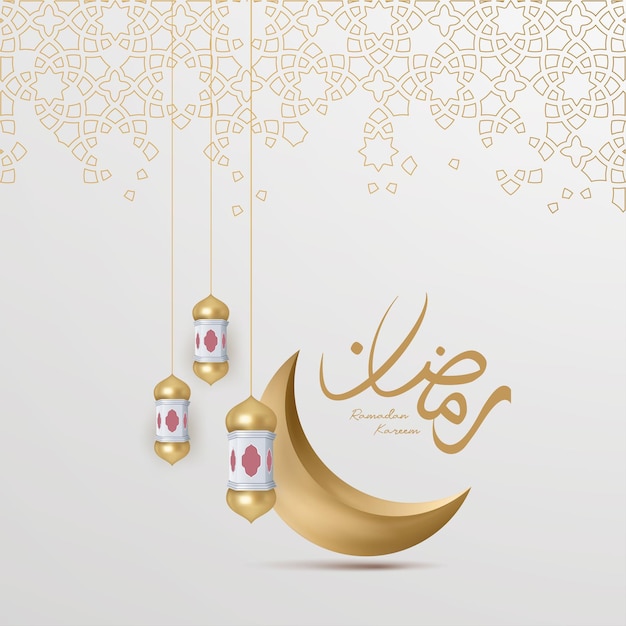 Ramadan Kareem arabic calligraphy with realistic gold crescent and lanttern with morocco pattern