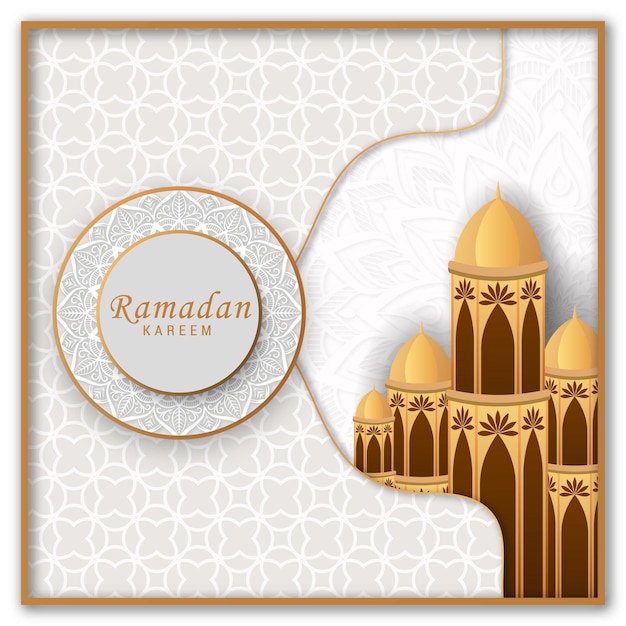 Vettore ramadan kareem arabo islamico bianco e dorato mandala e motivo di sfondo