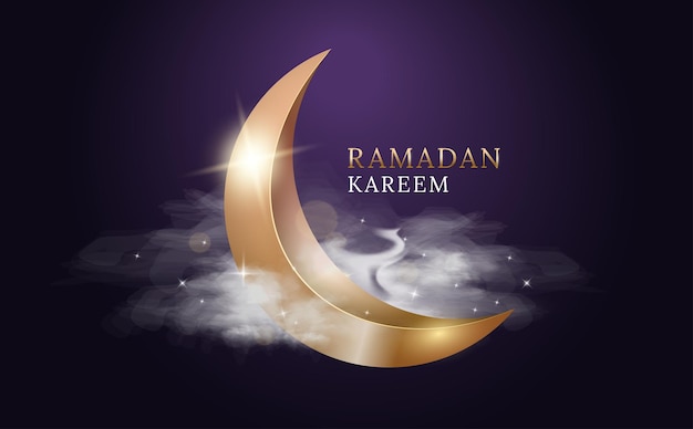 Ramadan Kareem Arabisch fest. Gouden maan met wolken en lichten.