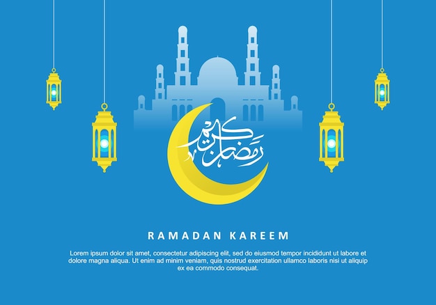 Рамадан карим фон баннер плакат поздравительная открытка с желтым лунным фонарем и большой мечетью, изолированной на синем фоне