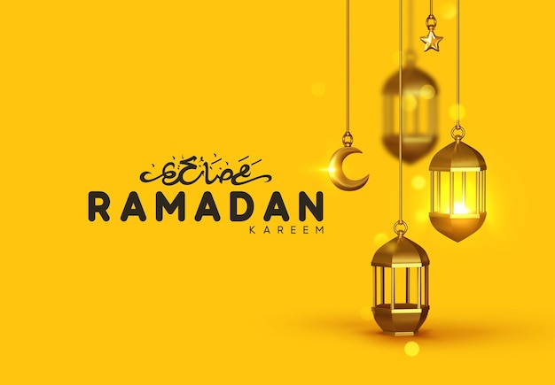 Ramadan kareem. Background design is arabian vintage decorative hanging lamp are on fire. Decoration light lantern, gold stars on ribbon and golden crescent moon. Hand lettering black color