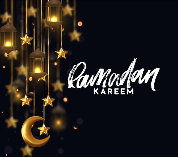 Kareem ramadan. il design di sfondo è una lampada a sospensione decorativa vintage araba con bokeh. lanterna luminosa decorativa, stelle dorate su nastro e falce di luna dorata. scritte a mano colore bianco