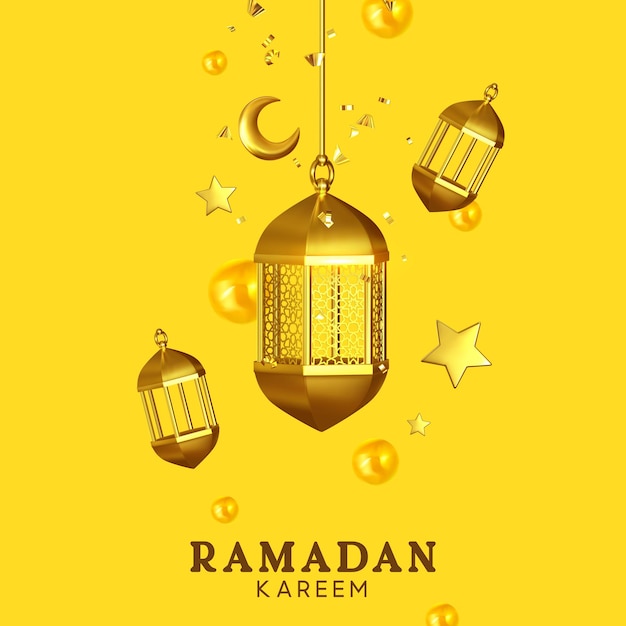 Vector ramadan kareem. background design is arabian vintage decorative hanging lamp with glitter confetti. decoration light lantern, gold stars and golden crescent moon. vector illustration