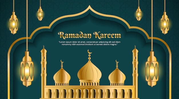 금 모스크와 빛나는 랜턴이 있는 라마단 카림 배경 디자인