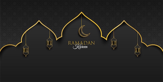 Ramadan Kareem background. Design with moon, lantern on gold, black background. 