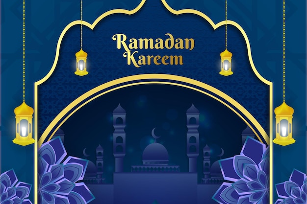 Ramadan Kareem background Islamic blue and gold color with mosque