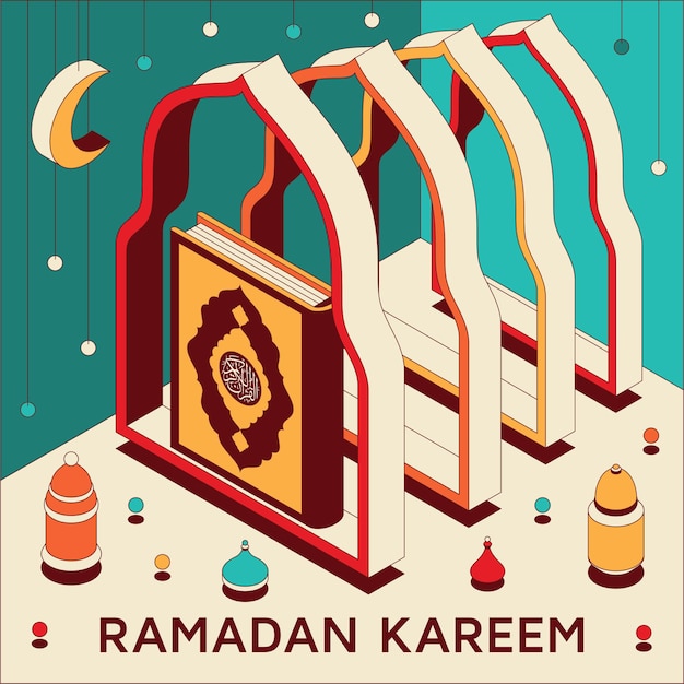 Ramadan kareem background isometric islamic arabic arch lanterns and koran