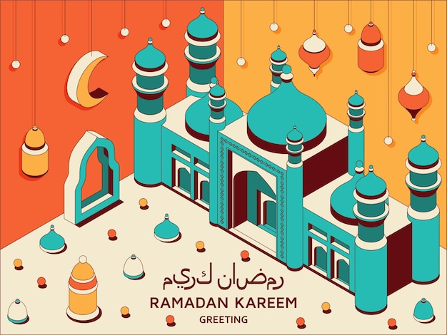 Vettore lanterne della moschea araba islamica isometrica del fondo di ramadan kareem