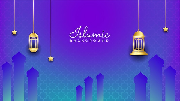 Ramadan Kareem background. Ornamental mosque arabic blue purple gold pattern Islamic design background. Islamic Background design for Ramadan Kareem