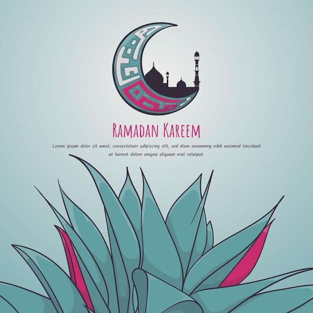 Ramadan kareem background template in green design with leaves and crescent moon with mosque design