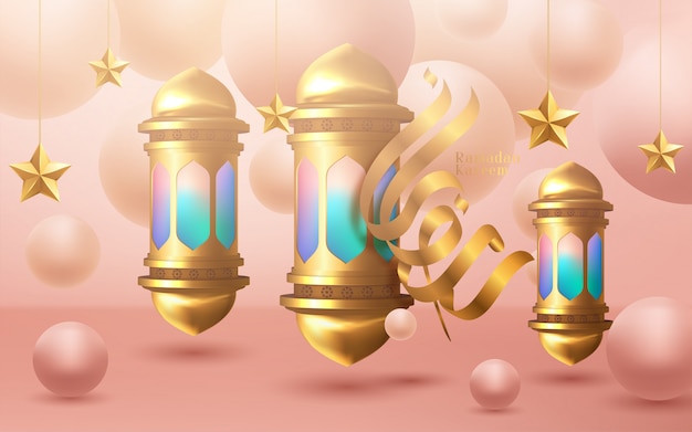 Vector ramadan kareem background with a combination of shining hanging gold lanterns.