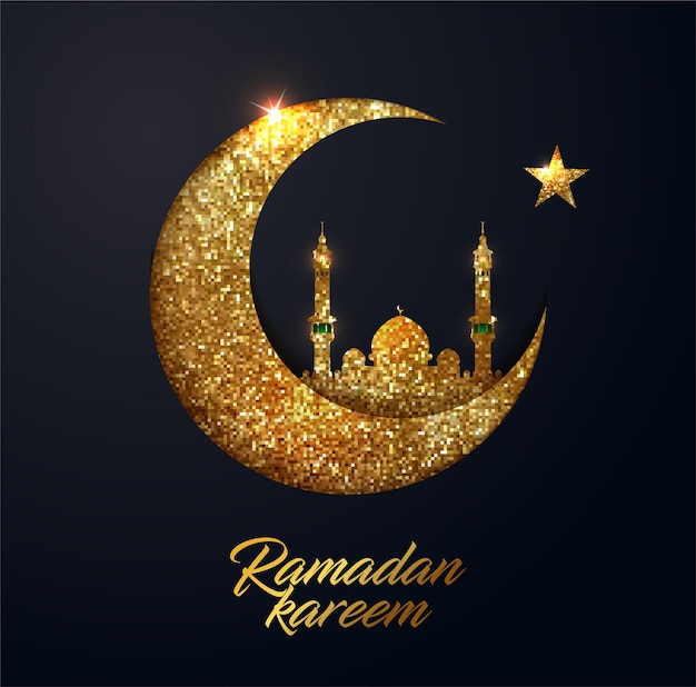 Sfondo ramadan kareem con mezzaluna realizzata in stile pixel con piccoli quadrati glitter dorati lucidi