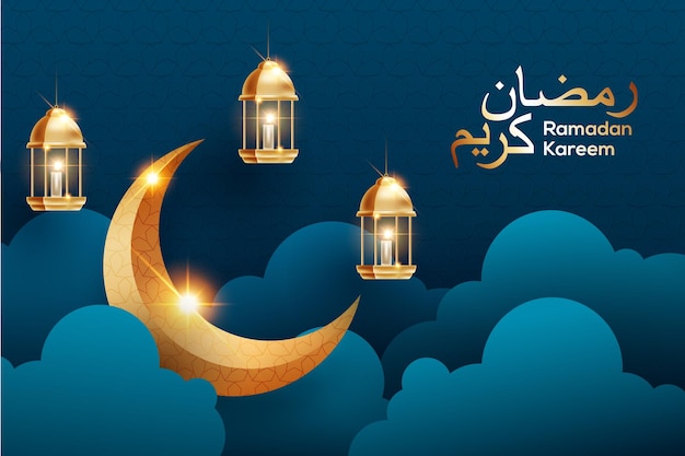 Vector ramadan kareem background with d golden crescent moon lantern and paper cut clouds