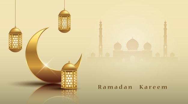 Vector ramadan kareem background with gold lantern, gold crescent moon and mosque background.