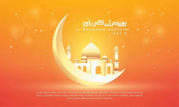 Ramadan kareem background with kufi calligraphy crescent moon and mosque