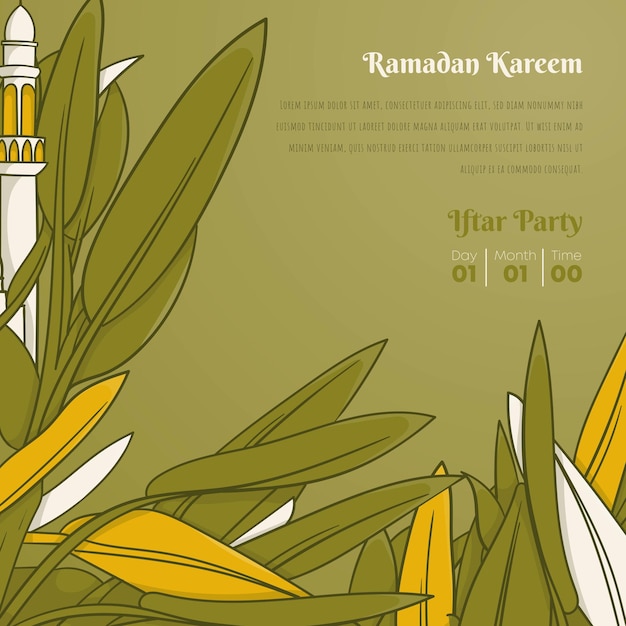 Ramadan kareem background with mosque minaret and green leaves in gand drawn design