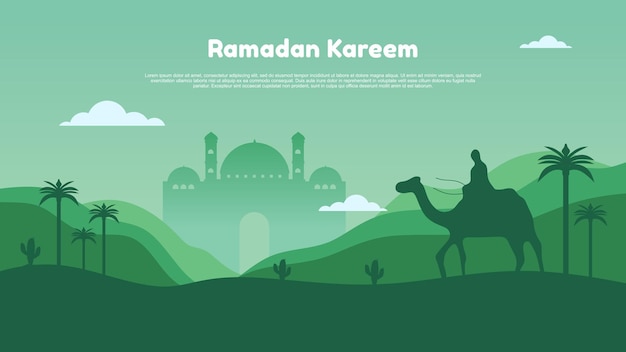 Ramadan kareem background with mosque moon forest and people on camel