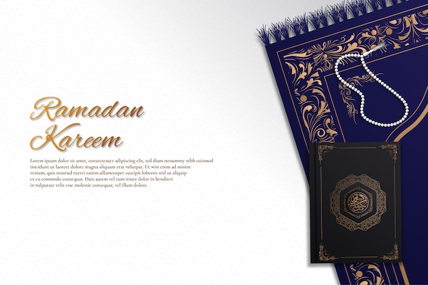 Рамадан карим фон с четки, арабская книга и молитвенный коврик