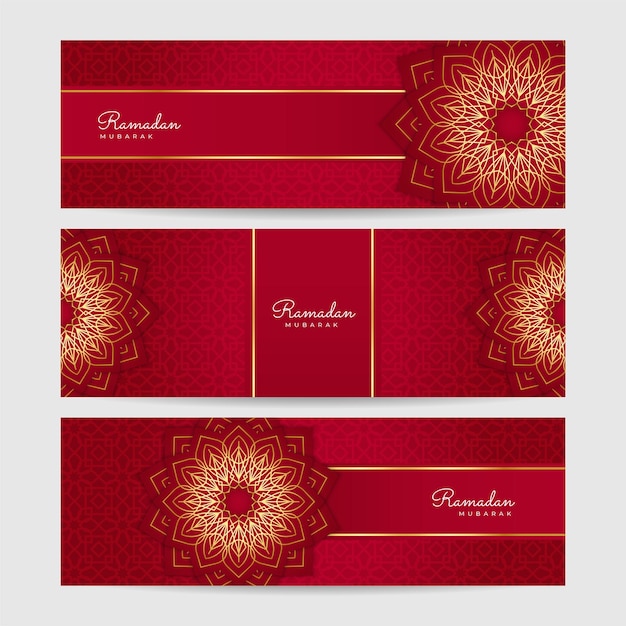 Ramadan Kareem Banner Achtergrond met maan islamitische patroon lantaarn Gouden maan en rode abstracte luxe islamitische elementen achtergrond