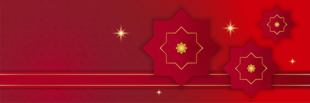 Ramadan kareem banner achtergrond met maan islamitische patroon lantaarn gouden maan en rode abstracte luxe islamitische elementen achtergrond
