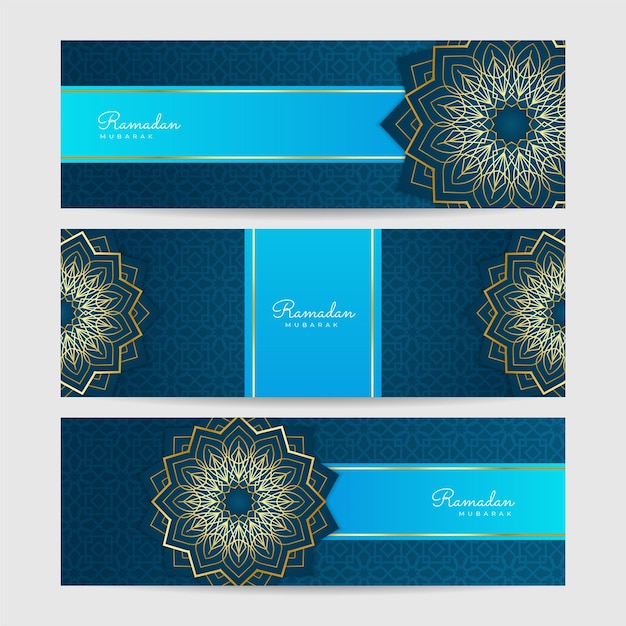 Ramadan Kareem banner achtergrond Ramadan islamitische vakantie ontwerpsjablonen met gouden wassende maan hand getekende letters en moskee vectorillustratie