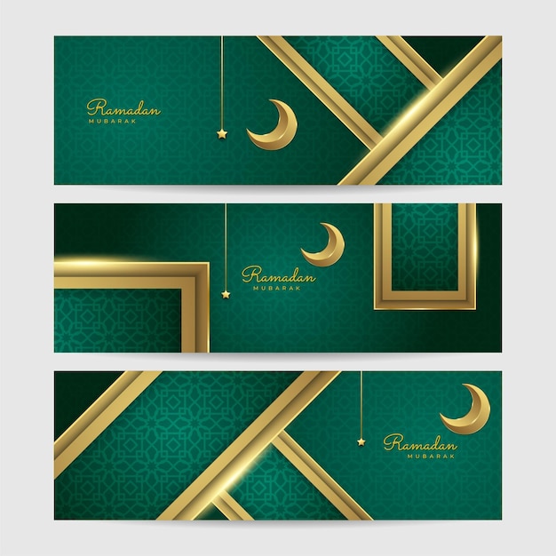 Ramadan Kareem banner achtergrond Ramadan islamitische vakantie ontwerpsjablonen met gouden wassende maan hand getekende letters en moskee vectorillustratie