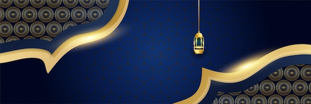 Ramadan kareem banner achtergrond ramadan islamitische vakantie ontwerpsjablonen met gouden wassende maan hand getekende letters en moskee vectorillustratie