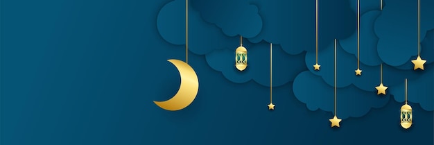 Ramadan Kareem banner achtergrond Ramadan islamitische vakantie ontwerpsjablonen met gouden wassende maan hand getekende letters en moskee vectorillustratie