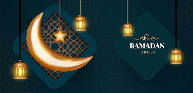 Vector ramadan kareem banner background design illustration with realistic style and green color background