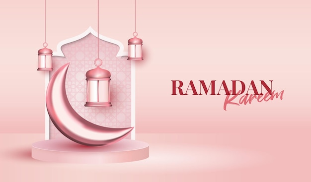 Ramadan kareem banner background design illustrazione con stile realistico e sfondo di colore rosa