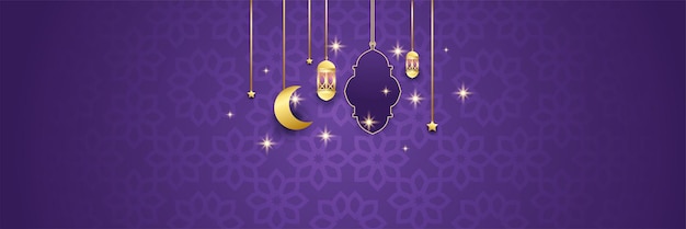 Ramadan Kareem banner background Ramadan islamic holiday design templates with gold crescent moon hand drawn lettering and mosque Vector illustration