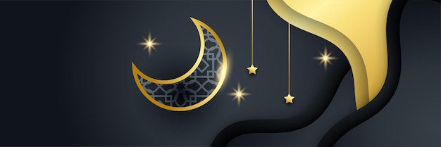 Ramadan kareem banner background ramadan islamic holiday design templates with gold crescent moon hand drawn lettering and mosque vector illustration