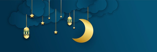 Ramadan Kareem banner background Ramadan islamic holiday design templates with gold crescent moon hand drawn lettering and mosque Vector illustration