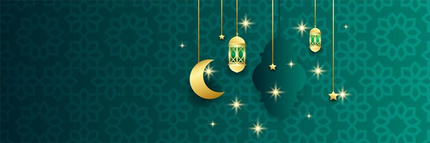 Ramadan Kareem Banner Background with moon islamic pattern lantern Gold moon and abstract luxury islamic elements background