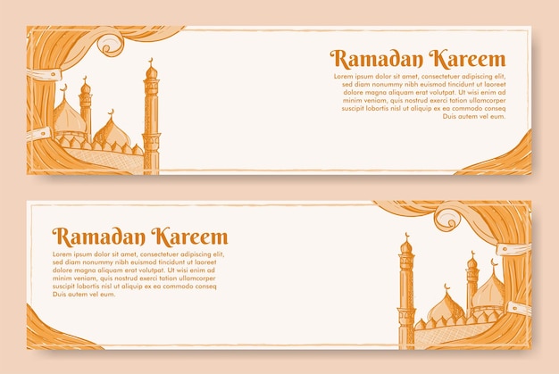 Ramadan kareem banner design con illustrazione disegnata a mano di ornamento islamico