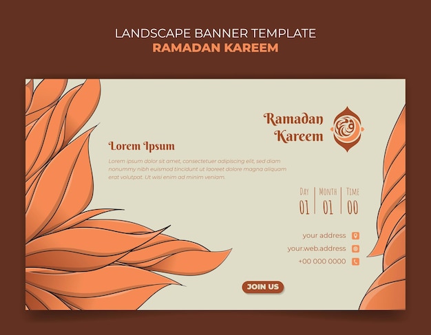 Ramadan kareem banner in landscape design with hand drawn of orange grass