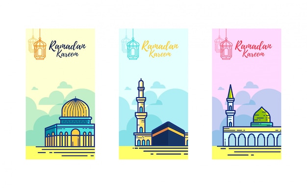 Vector ramadan kareem banner met 3 heilige moskee