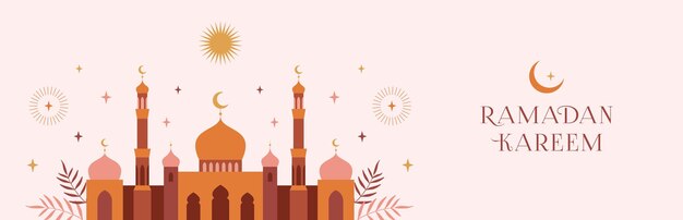 Striscione ramadan kareem moderno design geometrico minimalista con moschea mezzaluna stelle arcate finestre