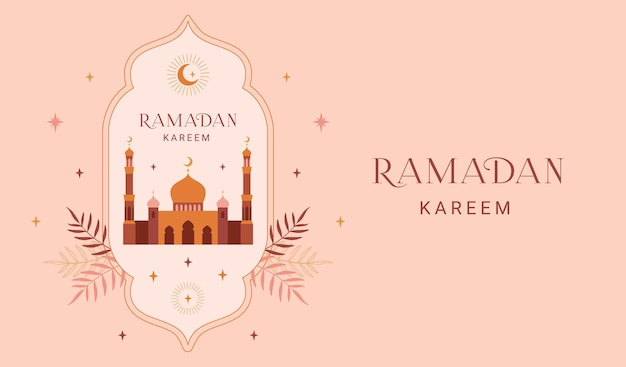 Striscione ramadan kareem moderno design geometrico minimalista con moschea mezzaluna stelle arcate finestre