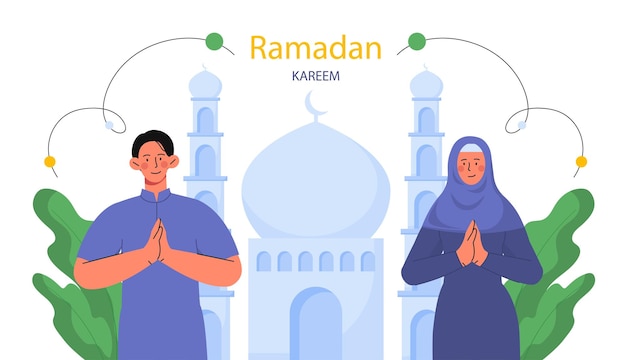 Ramadan kareem banner muslim man and woman in hijab near mosque islamic traditions culture and